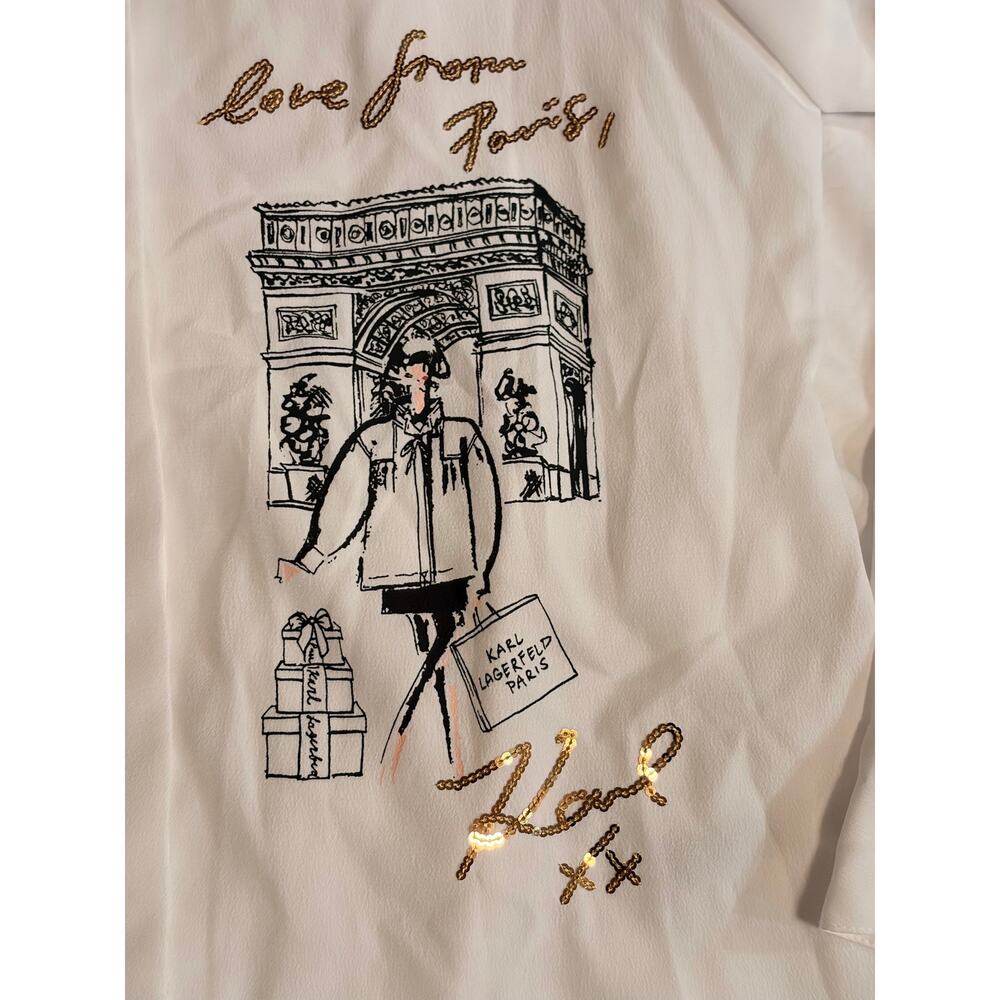 Karl Lagerfeld Paris Medium White Eiffel Tower Paris Graphic Blouse Embroidered - Picture 3 of 10